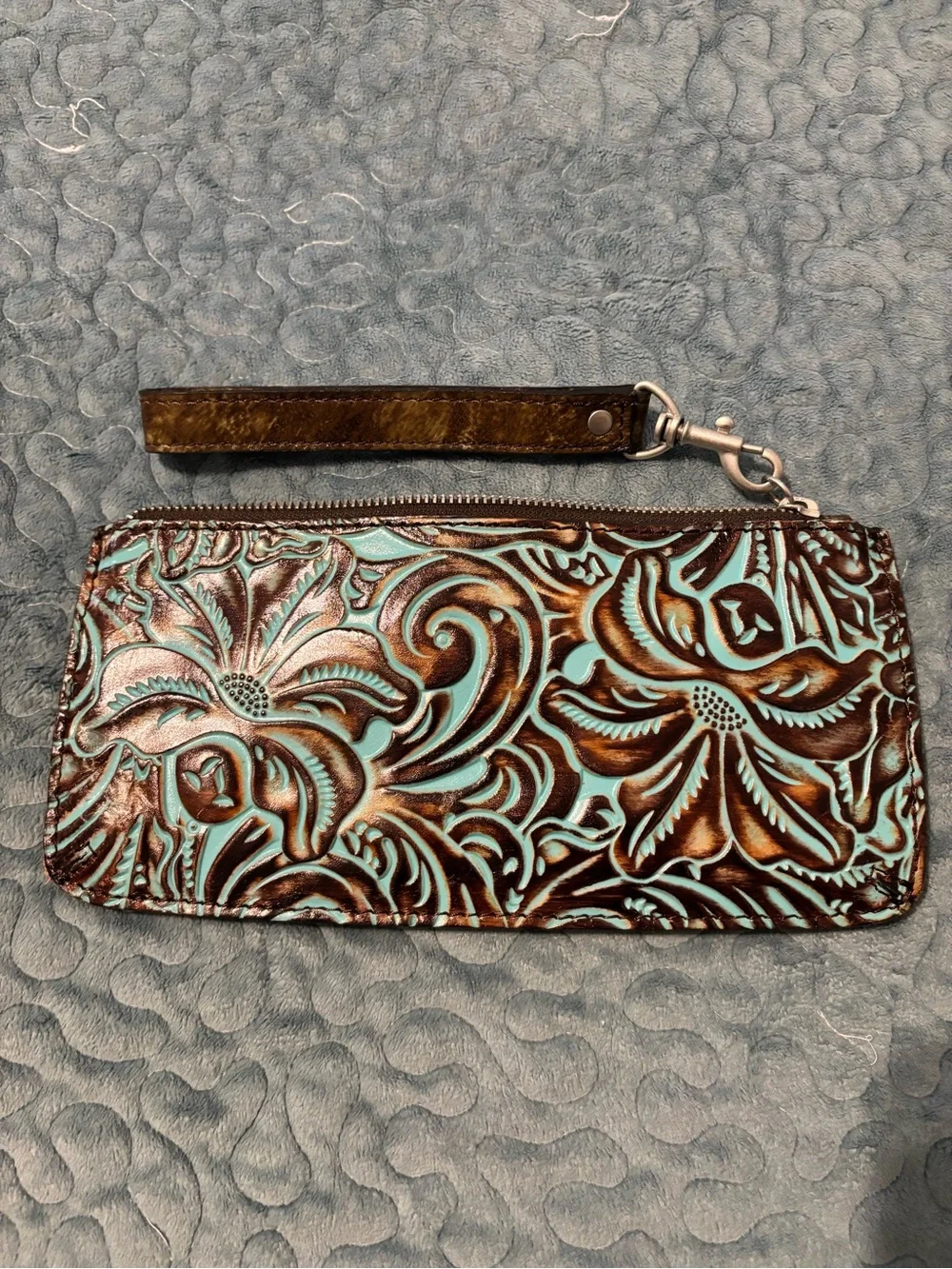 Turquoise & Brown Tooled Leather Wristlet Wallet